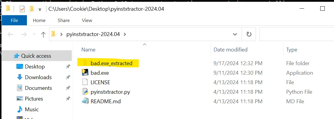 pyinstxtractor folder with the newly created bad.exe_extracted directory highlighted