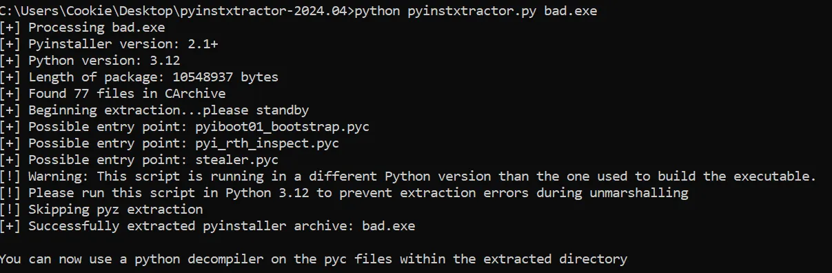 pyinstxtractor output extracting bad.exe and listing possible entry points, including stealer.pyc
