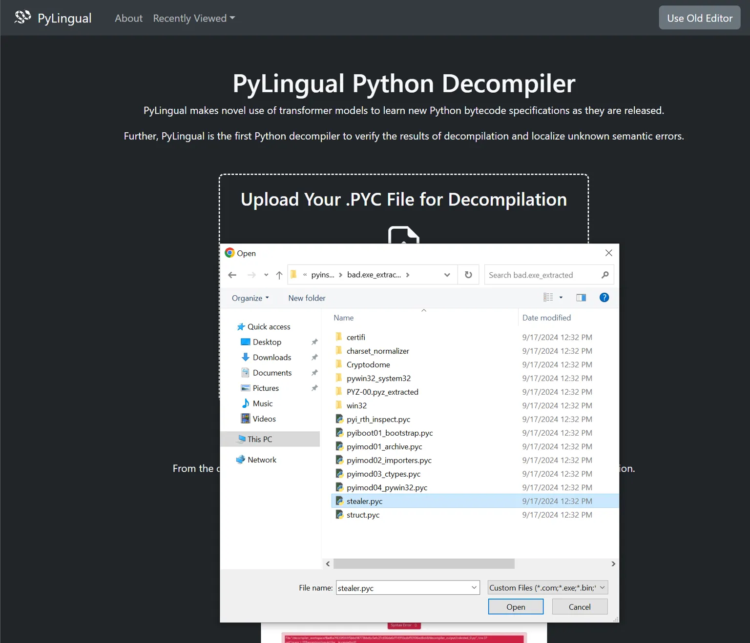 PyLingual web decompiler with stealer.pyc selected for upload