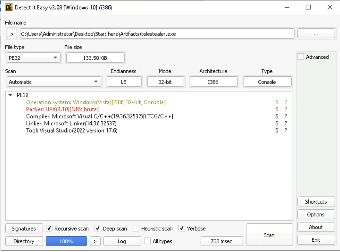 Detect It Easy identifying telestealer.exe as a 32-bit PE packed with UPX 4.10