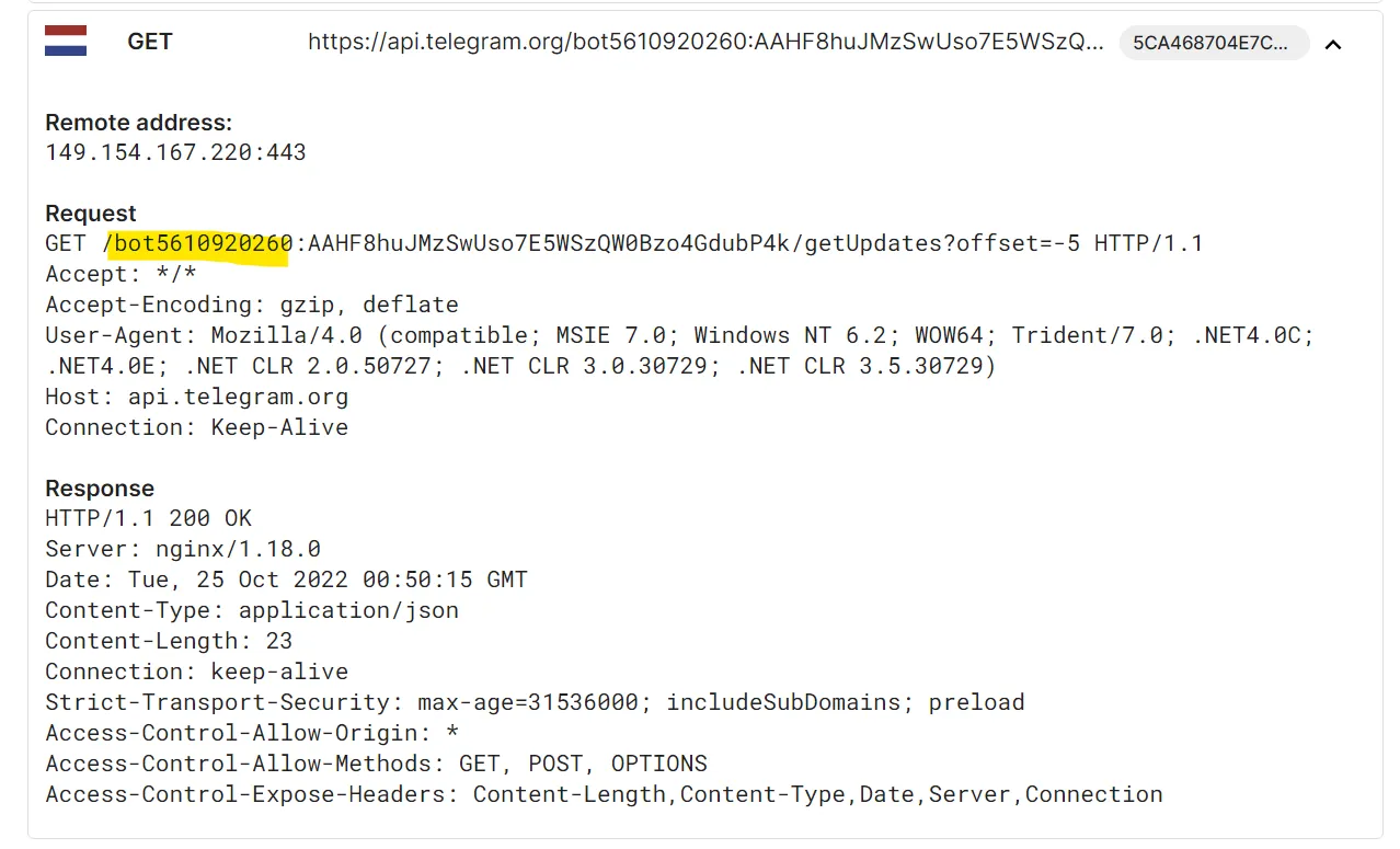 tria.ge network capture of a GET request to api.telegram.org/bot5610920260:.../getUpdates