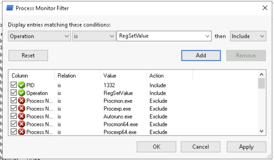 Process Monitor filter including RegSetValue operations for PID 1332