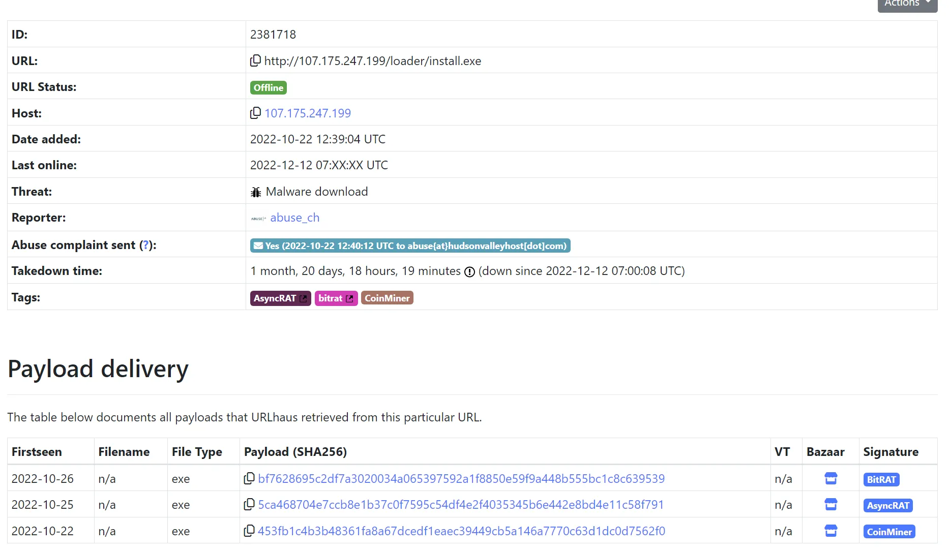 URLhaus entry for http://107.175.247.199/loader/install.exe with three payloads signed BitRAT, AsyncRAT and CoinMiner