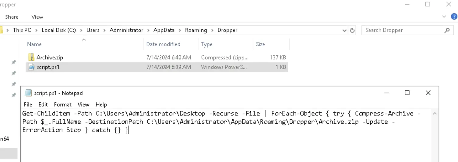 Dropper folder with Archive.zip and script.ps1; the script compresses every file on the Desktop into Archive.zip
