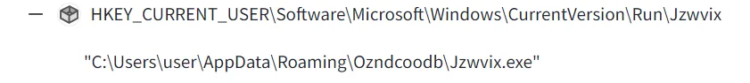 VirusTotal Registry Keys Set entry for HKCU Run\Jzwvix pointing to C:\Users\user\AppData\Roaming\Ozndcoodb\Jzwvix.exe