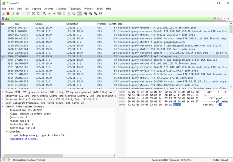 Wireshark DNS traffic showing the infected host querying api.telegram.org