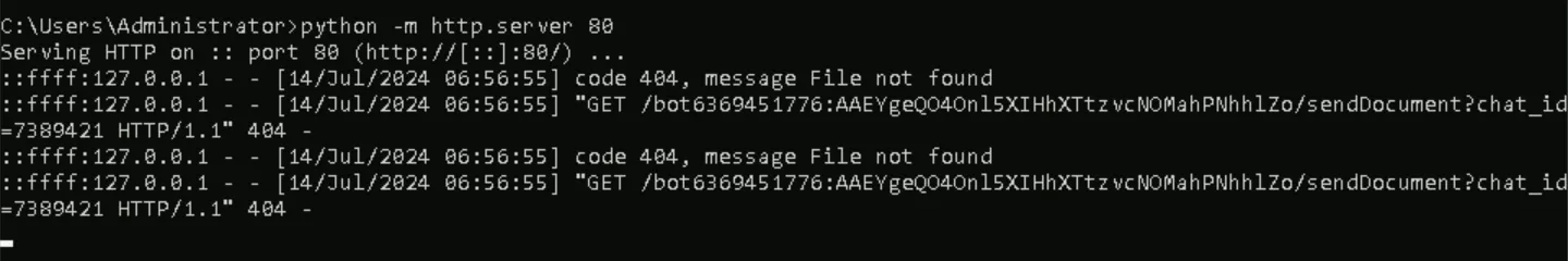 Python HTTP server logging the malware's GET requests to /bot6369451776:.../sendDocument