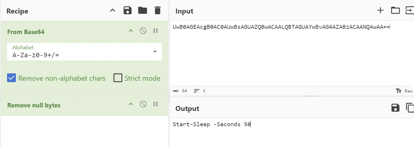 CyberChef From Base64 and Remove null bytes recipe decoding the command to Start-Sleep -Seconds 50