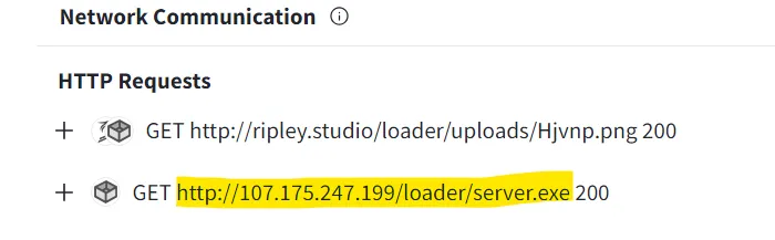 VirusTotal HTTP requests including GET http://107.175.247.199/loader/server.exe