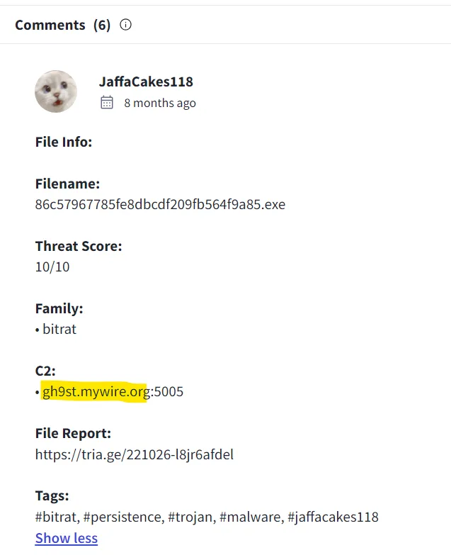 VirusTotal community comment for the BitRAT sample listing the C2 gh9st.mywire.org:5005